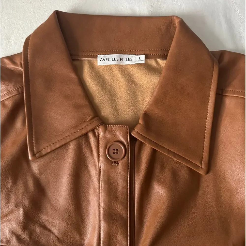 New Avec Les Filles Faux Leather Shacket in Cognac Women's Size L - Picture 4 of 8